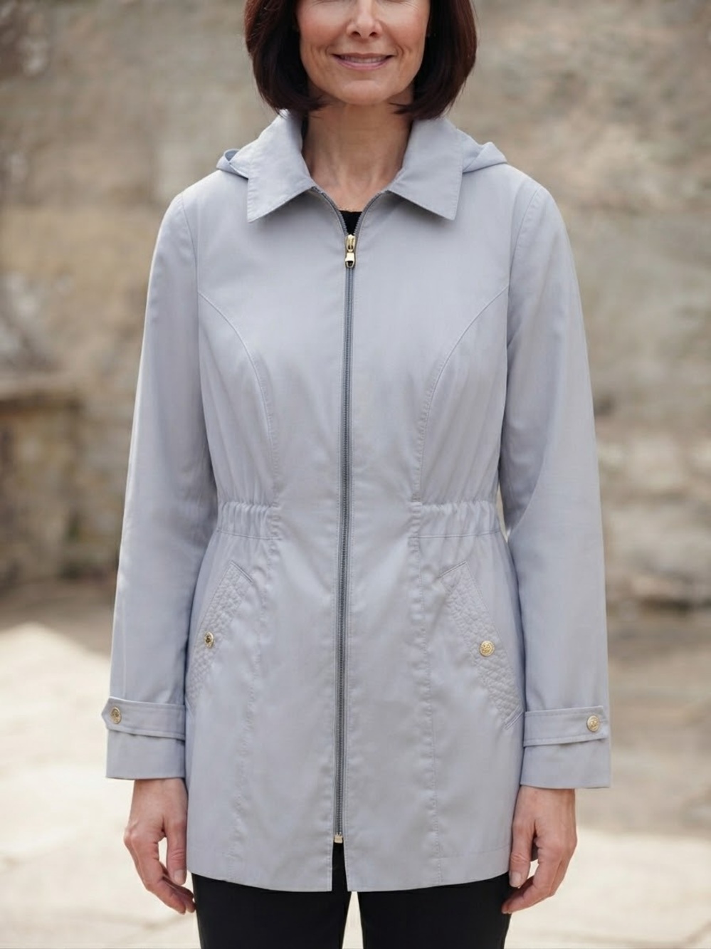 Breckenridge Light blue/Gray Hooded Zip-Front spring Coat removable hood.